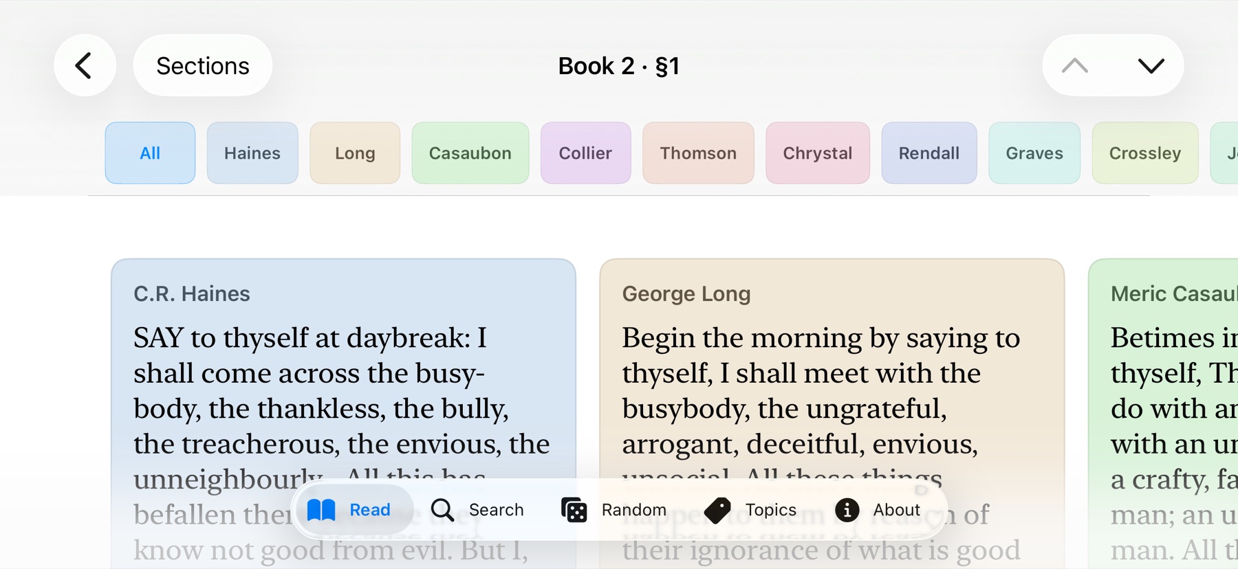 The app in landscape: Book II, section 1 in three columns, Haines, Long and Casaubon side by side, each in its own colour.