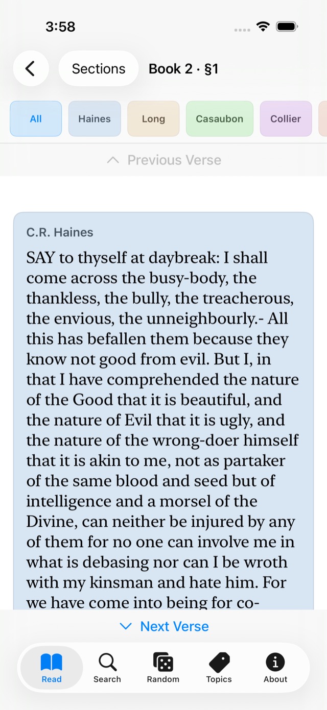 The app in portrait: Book II, section 1, with C.R. Haines's translation in a blue card beneath a row of translator filters.