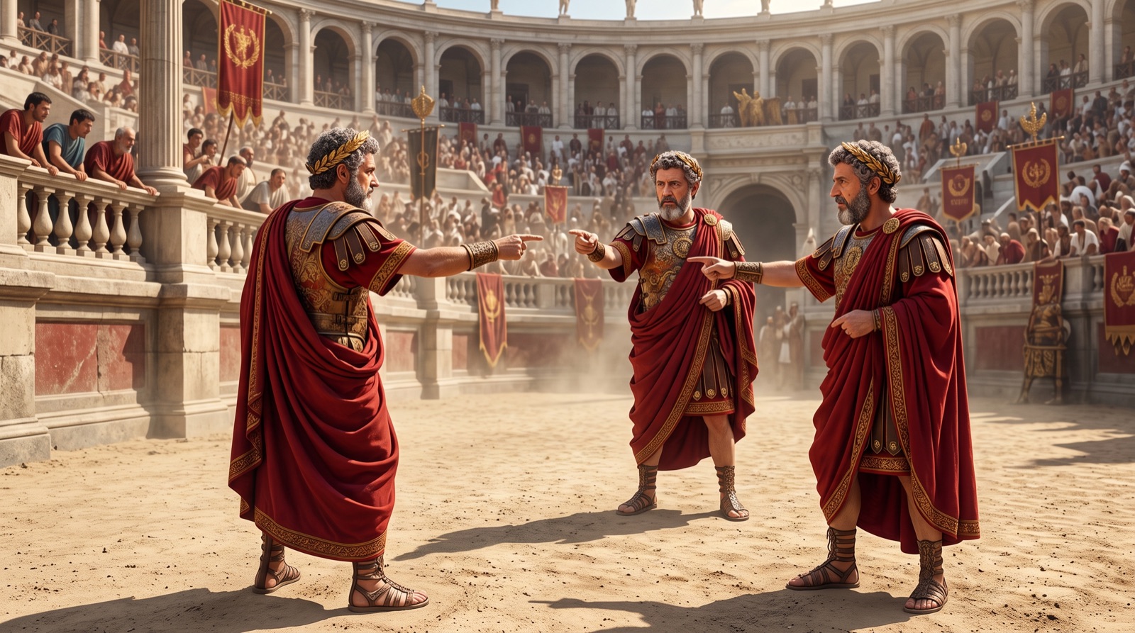 Three identical Marcus Aureliuses in laurel crowns and red cloaks stand in the Colosseum, each pointing accusingly at the others.
